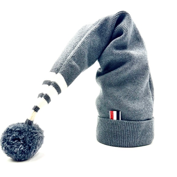THOM BROWNE Grey Striped Stocking Beanie with Pouf Ball
